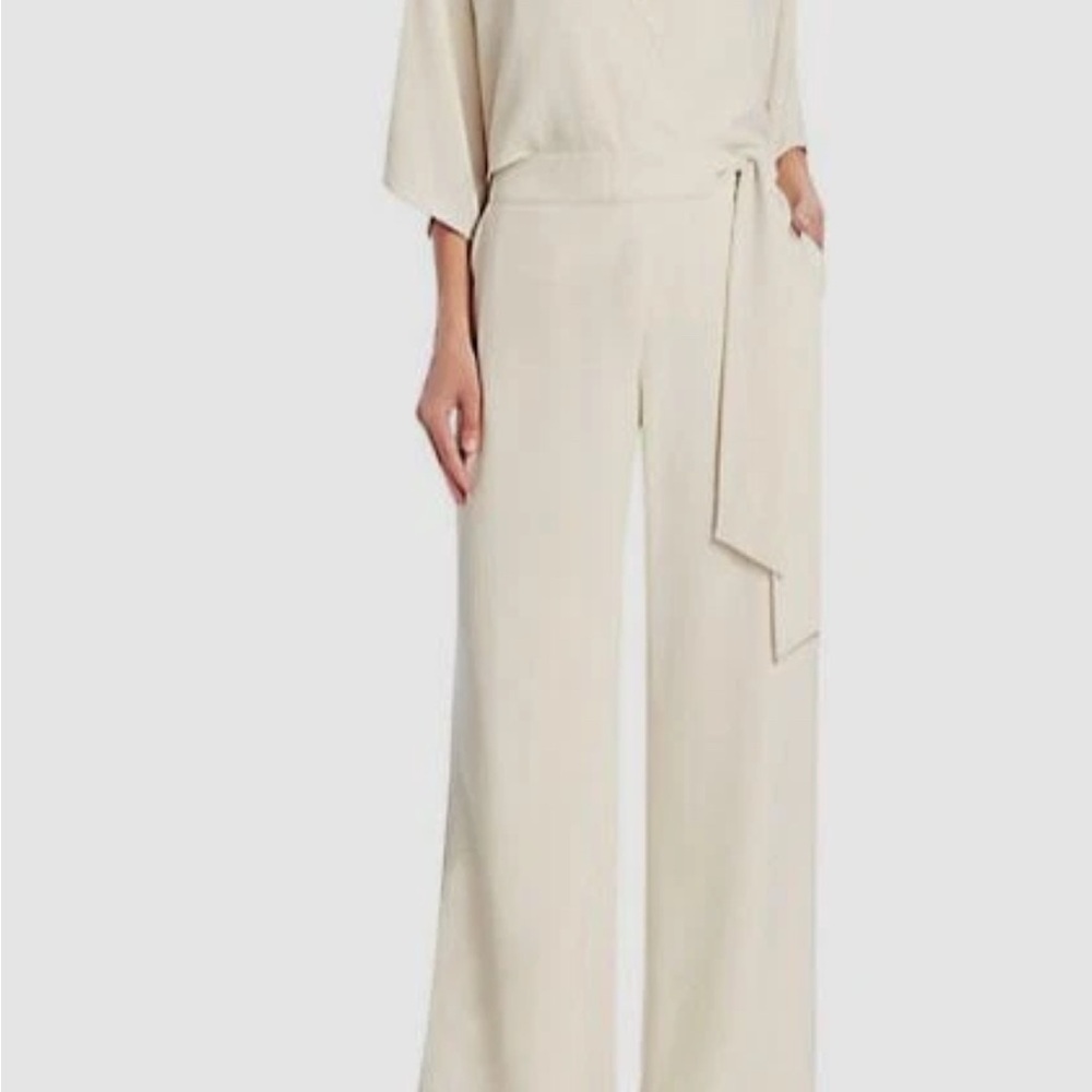 Halston Heritage Cream Jumpsuit with Belted Waist and Wide Legs